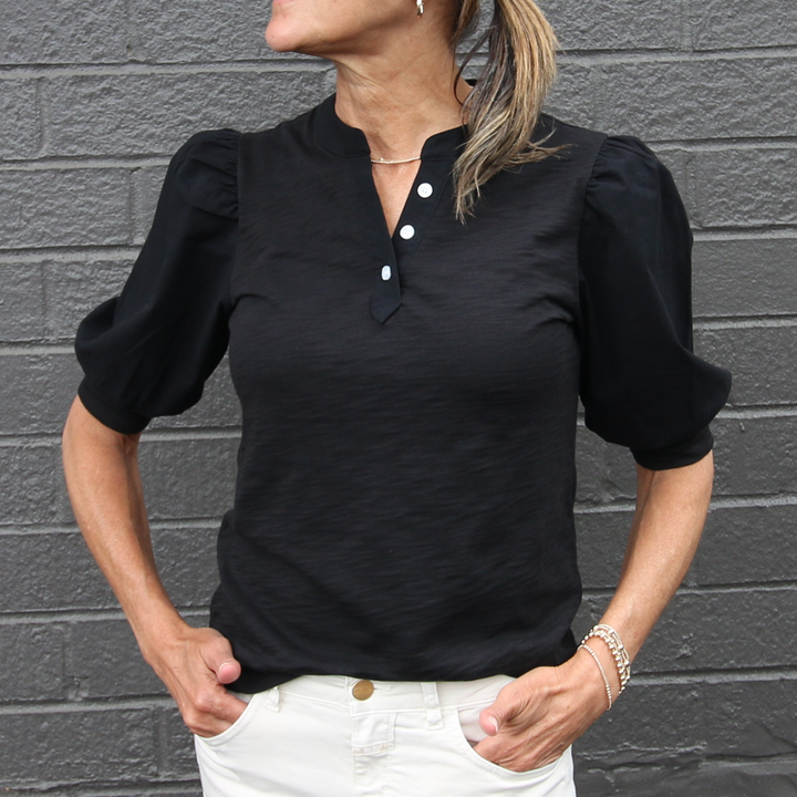 BLOUSE PUFF SLEEVE V IN SLUB