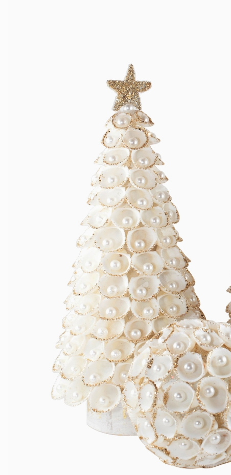 ORNAMENT CONE TREE WITH PEARLS WHITE & GOLD