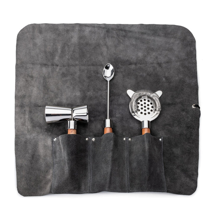 BAR TOOL SET ACACIA + LEATHER #64247