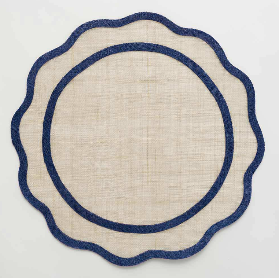 PLACEMAT NAVY SCALLOPED TRIM ROUND