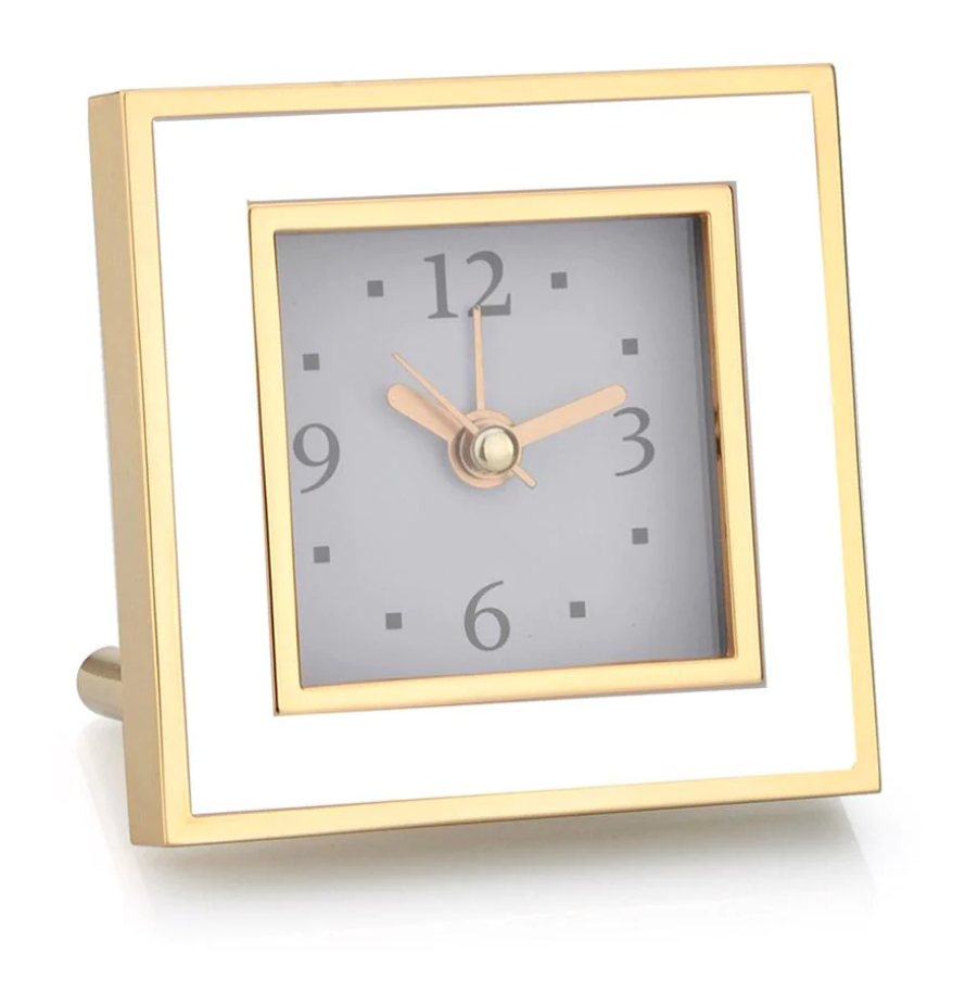 ALARM CLOCK WHITE ENAMEL & GOLD SQUARE #64807