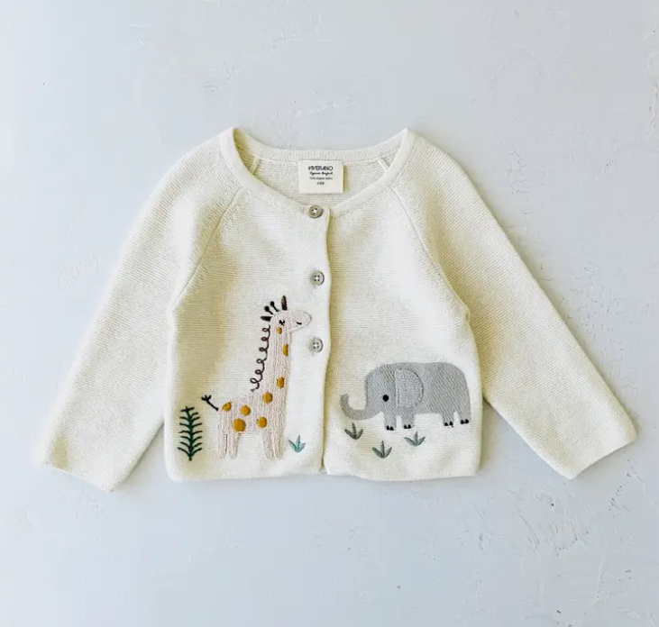 CARDIGAN SWEATER ANIMAL SAFARI EMBROIDERED NATURAL (Available in 2 Sizes)