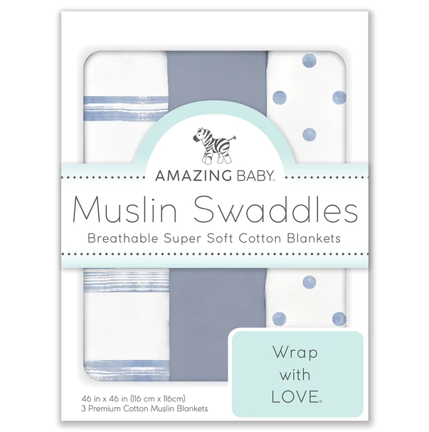 SWADDLE DESIGNS BLANKET MUSLIN DENIM STRIPES S/3