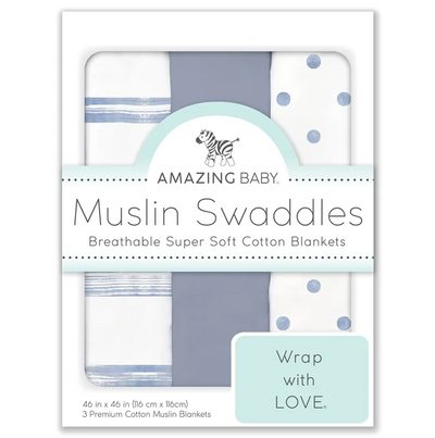 SWADDLE DESIGNS BLANKET MUSLIN DENIM STRIPES S/3