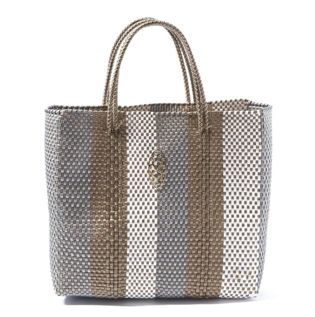 TOTE WITH CLUTCH TRAVEL SILVER GOLD WHITE STRIPES