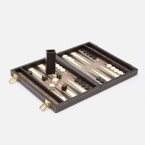 BACKGAMMON SET GRAY HIDE/CHARCOAL LEATHER #67705