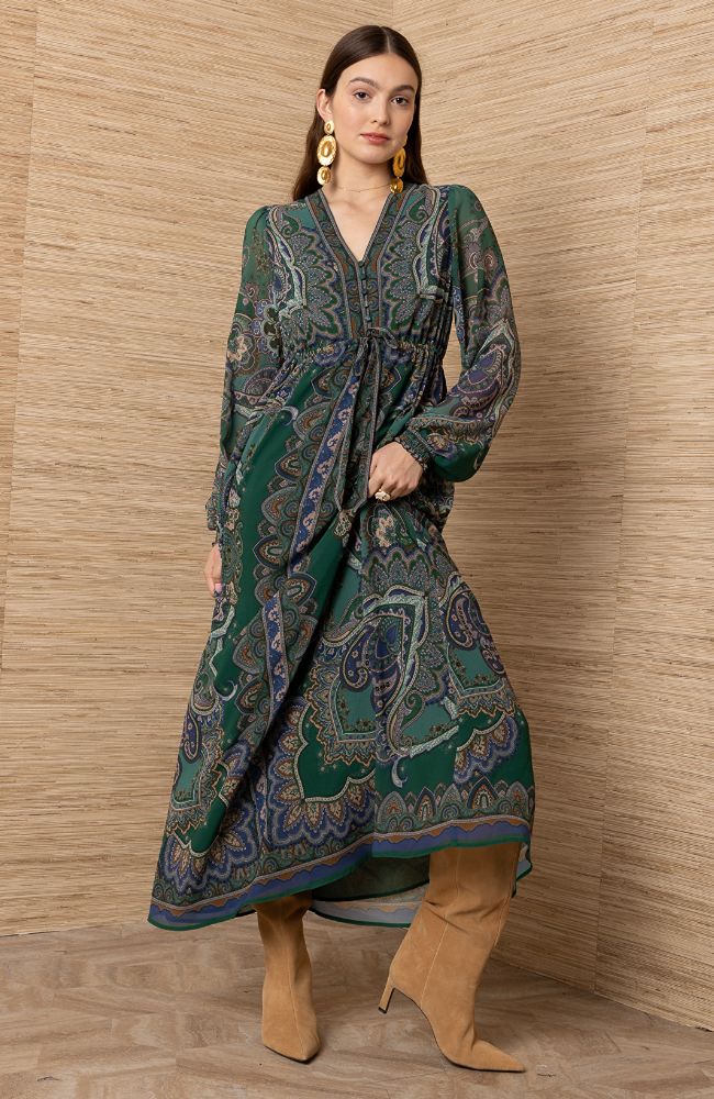 DRESS LONG SLEEVE V NECK LONG BLACK