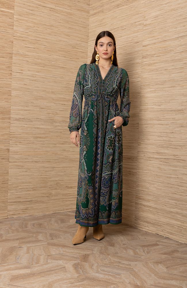 DRESS LONG SLEEVE V NECK LONG BLACK