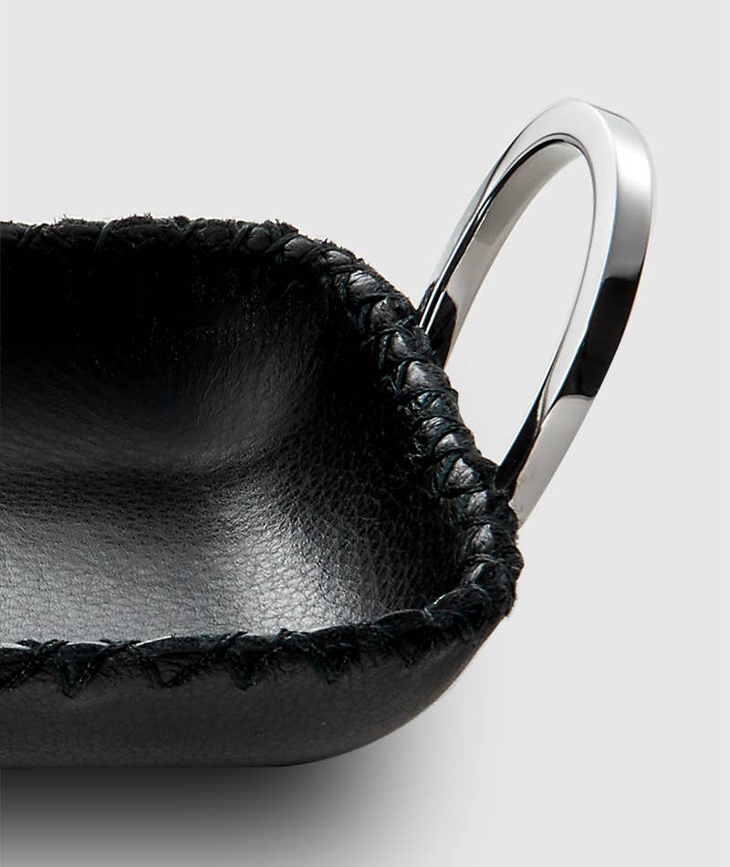 TRAY W/ RING HANDLES BLACK LEATHER 5X12 #19484