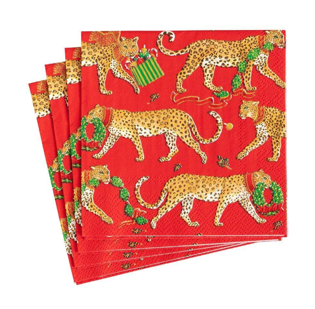 NAPKIN  COCKTAIL PAPER CHRISTMAS LEOPARDS RED