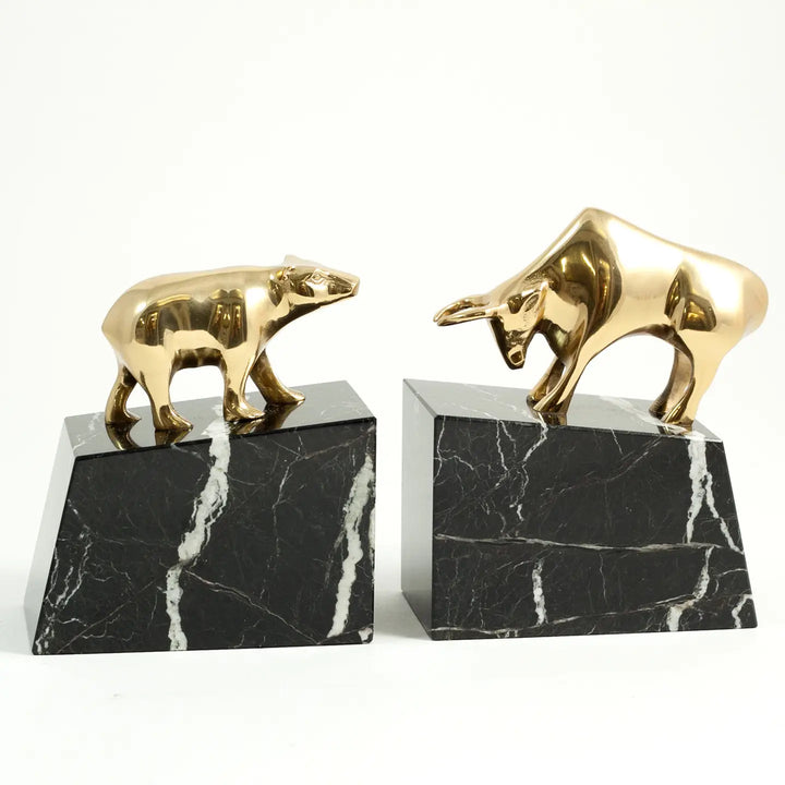 BOOKENDS BRASS BULL&BEAR ON BLACK MARBLE BASE