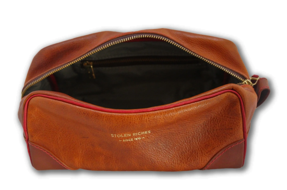 BAG DOPP BROWN WITH RED STITCHING