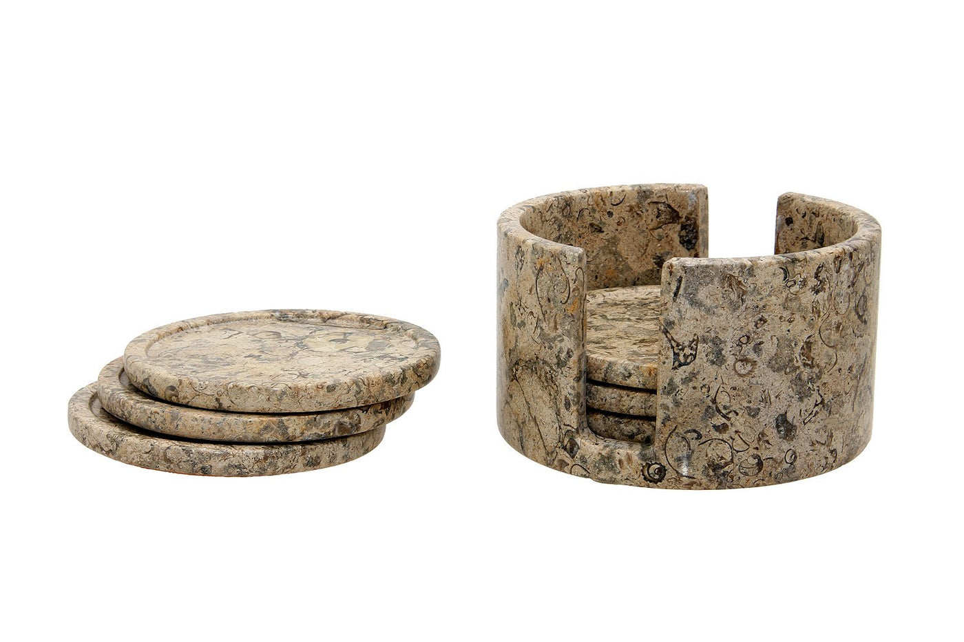 COASTERS WITH CADDY FOSSIL STONE MARBLE - SET OF 6