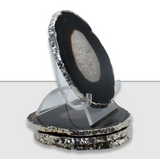 COASTERS AGATE BLACK WITH SILVER TRIM MED S/4