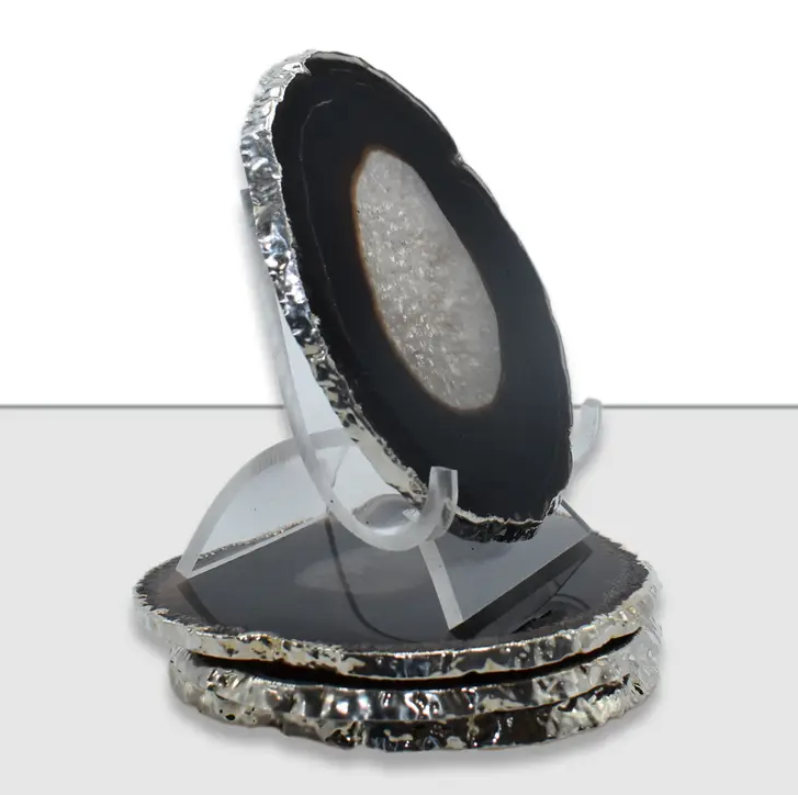 COASTERS AGATE BLACK WITH SILVER TRIM (S/4)