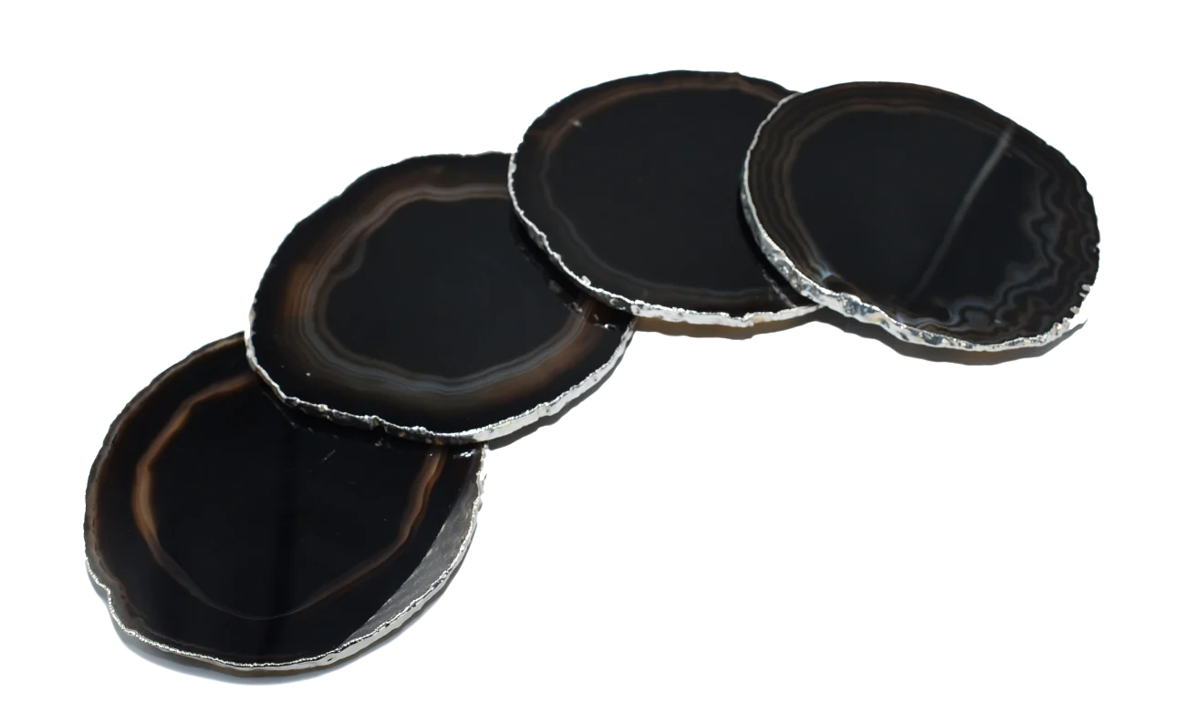 COASTERS AGATE BLACK WITH SILVER TRIM LARGE - SET OF 4