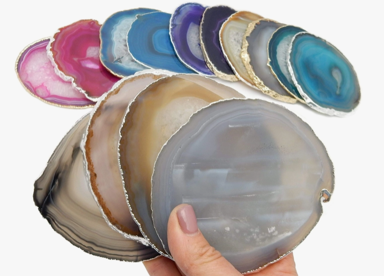 SET OF 4 COASTERS AGATE NATURAL AND SILVER