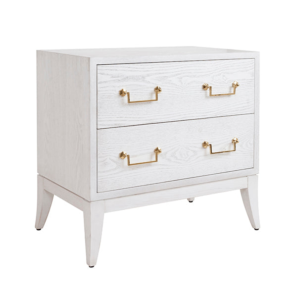 NIGHTSTAND 2-DRAWER WHITE WASHED OAK BRASS HANDLES #70765
