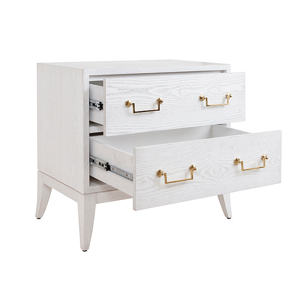 NIGHTSTAND 2-DRAWER WHITE WASHED OAK BRASS HANDLES #70765