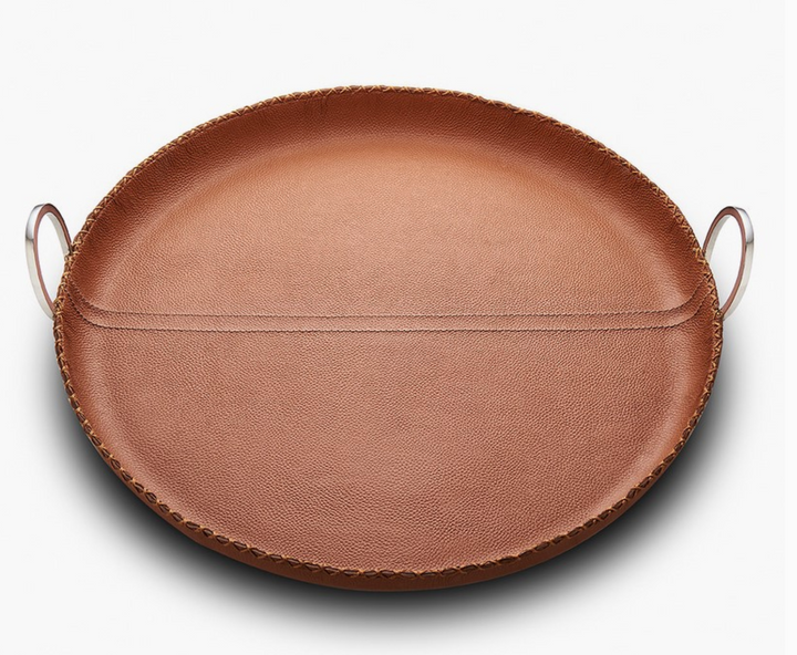 TRAY ROUND BROWN LEATHER WITH RING HANDLES