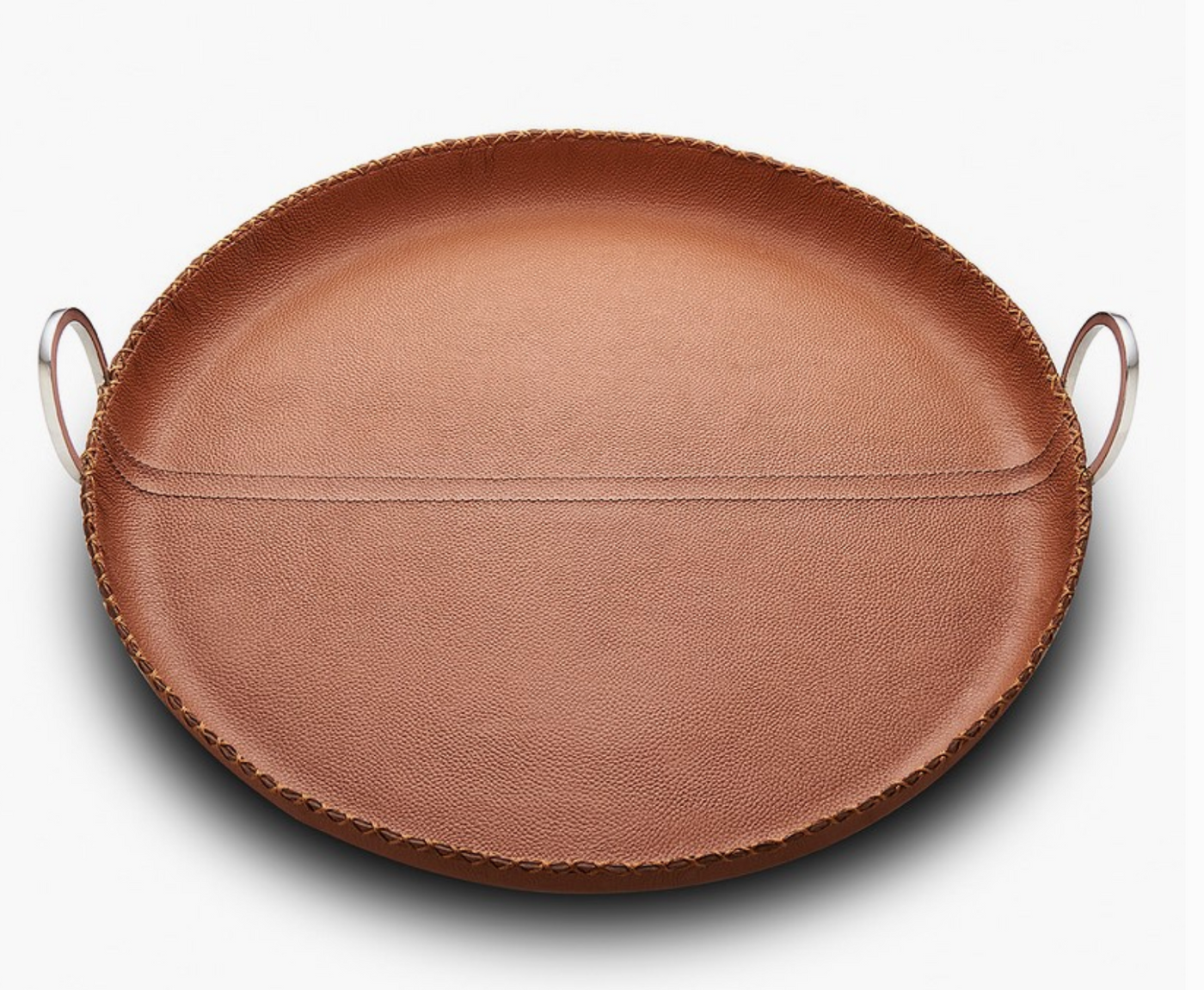 TRAY ROUND BROWN LEATHER WITH HANDLES