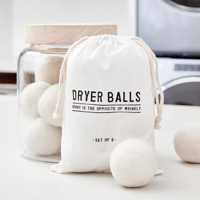 SET OF 6 DRYER WOOL BALLS IN GLASS CANISTER