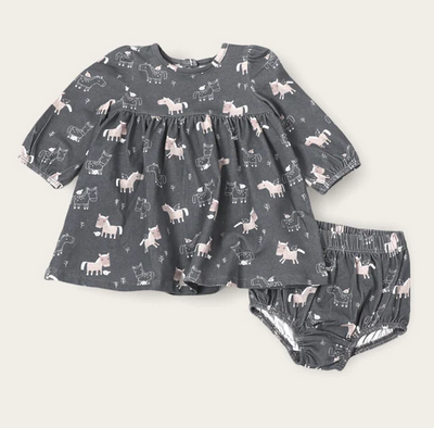 S/2 DRESS AND BLOOMER HORSE & BIRD DARK GREY (Available in Sizes)