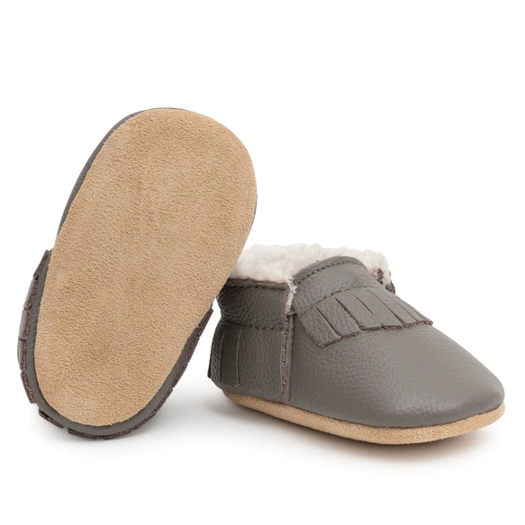 BIRD ROCK BABY MOCCASINS LEATHER SHERPA SLATE (Available in 3 Sizes)