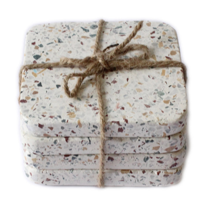 S/4 COASTERS WHITE TERRAZZO WITH TWINE #71073
