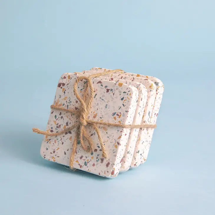 S/4 COASTERS WHITE TERRAZZO WITH TWINE #71073