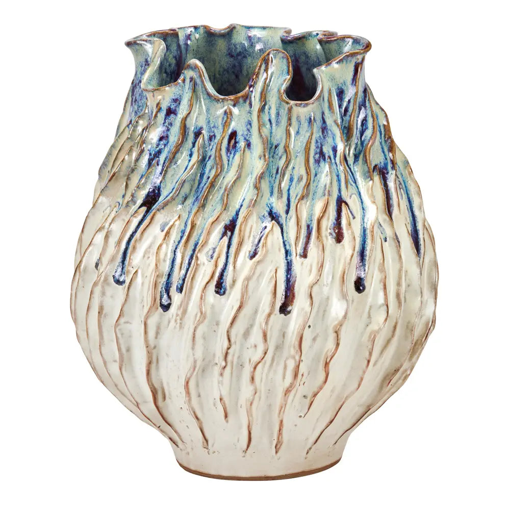 VASE CREAM WHITE & REACTIVE BLUE CERAMIC