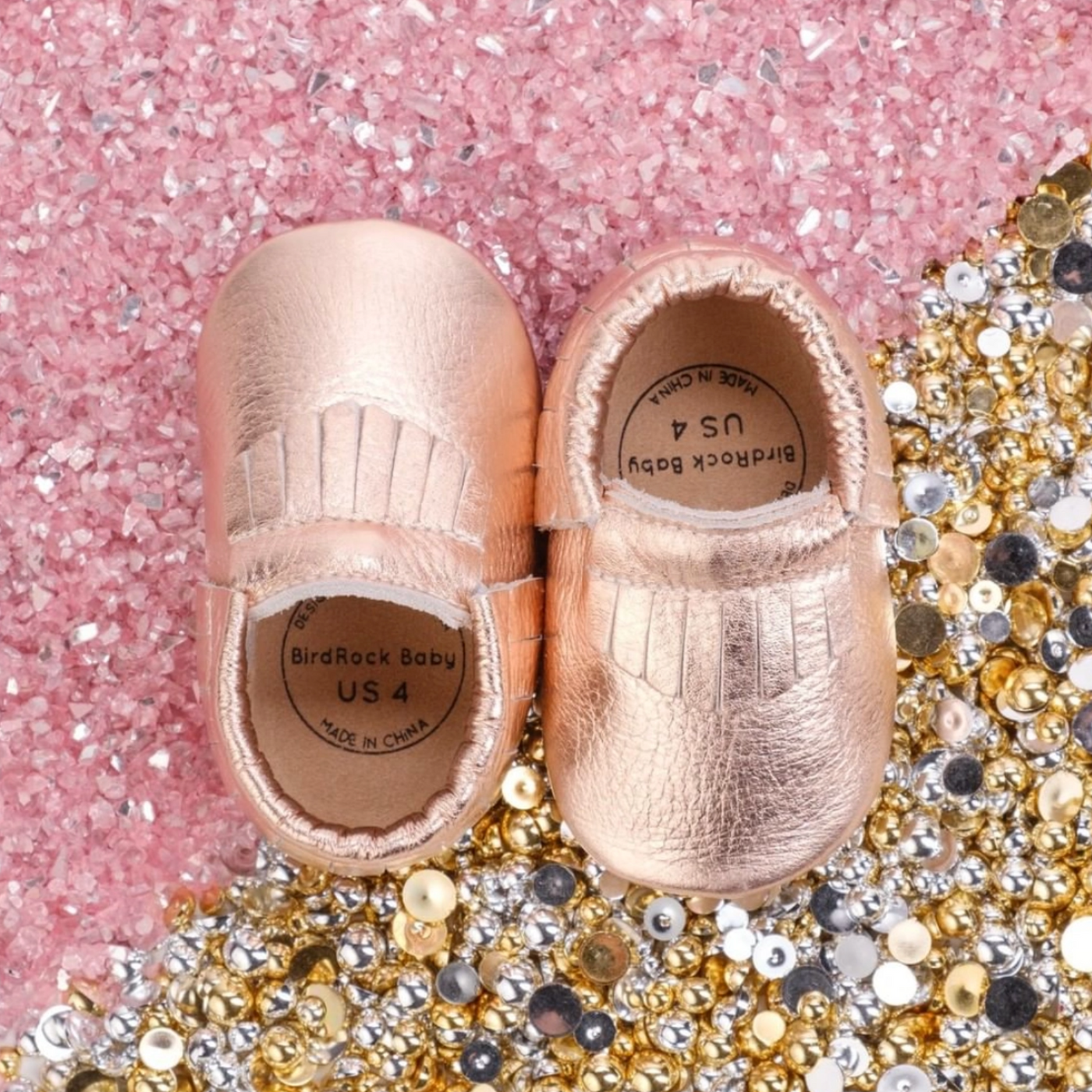 BIRD ROCK BABY MOCCASINS LEATHER ROSE GOLD (Available in 3 Sizes)