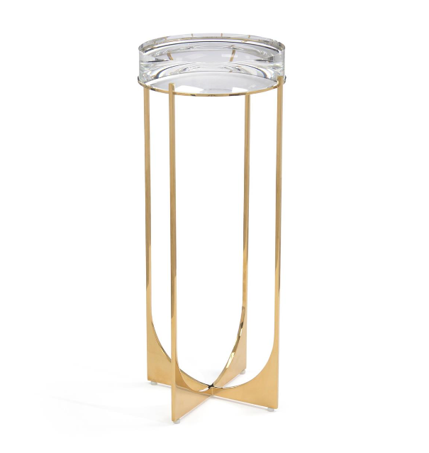 TABLE ROUND CLEAR CRYSTAL TOP BRASS TALL