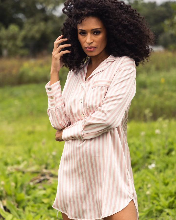 NIGHTSHIRT MULBERRY SILK PINK STRIPE