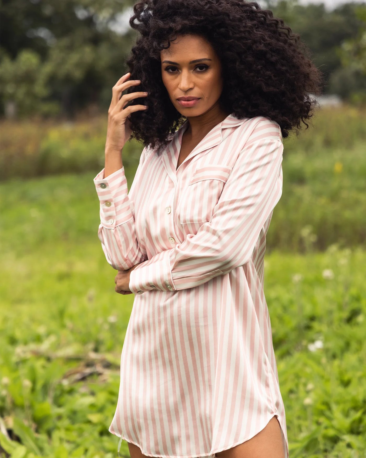 NIGHTSHIRT MULBERRY SILK PINK STRIPE (Available in 3 Sizes)