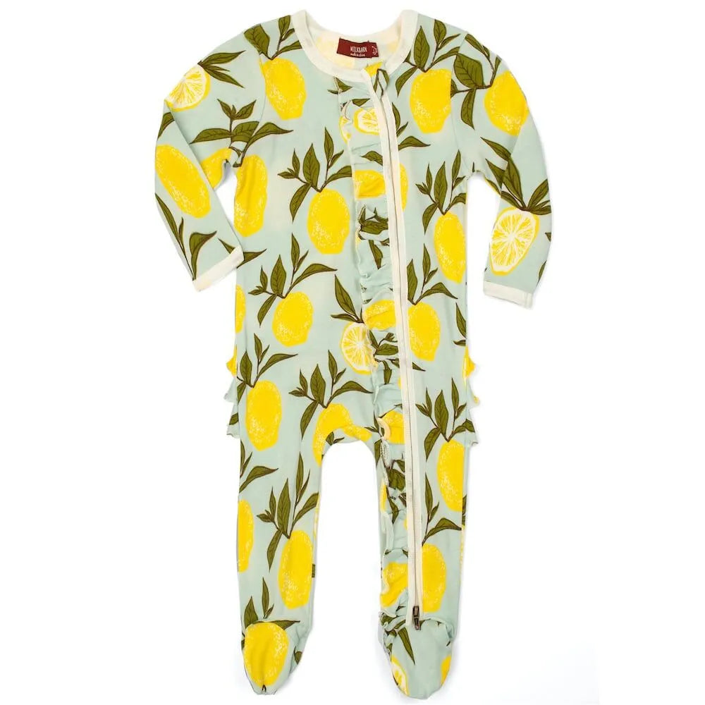 MILKBARN ROMPER RUFFLE ZIPPER FOOTED LEMON (Available in 2 Sizes)