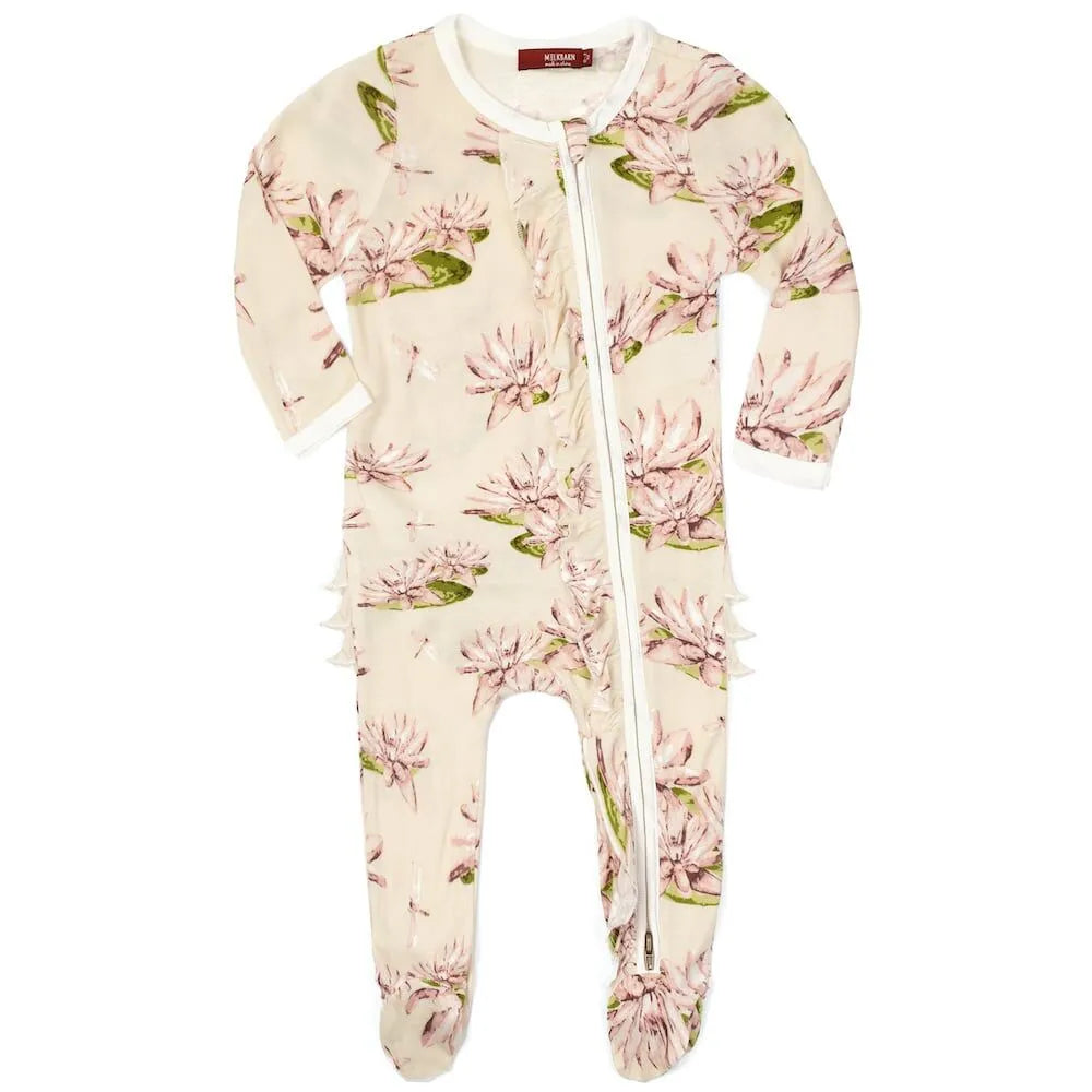 ROMPER RUFFLE ZIP FOOTED WATER LILY