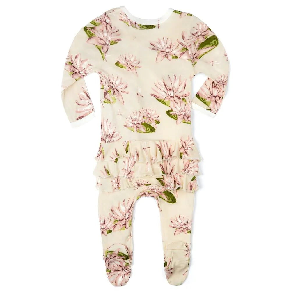 ROMPER RUFFLE ZIP FOOTED WATER LILY
