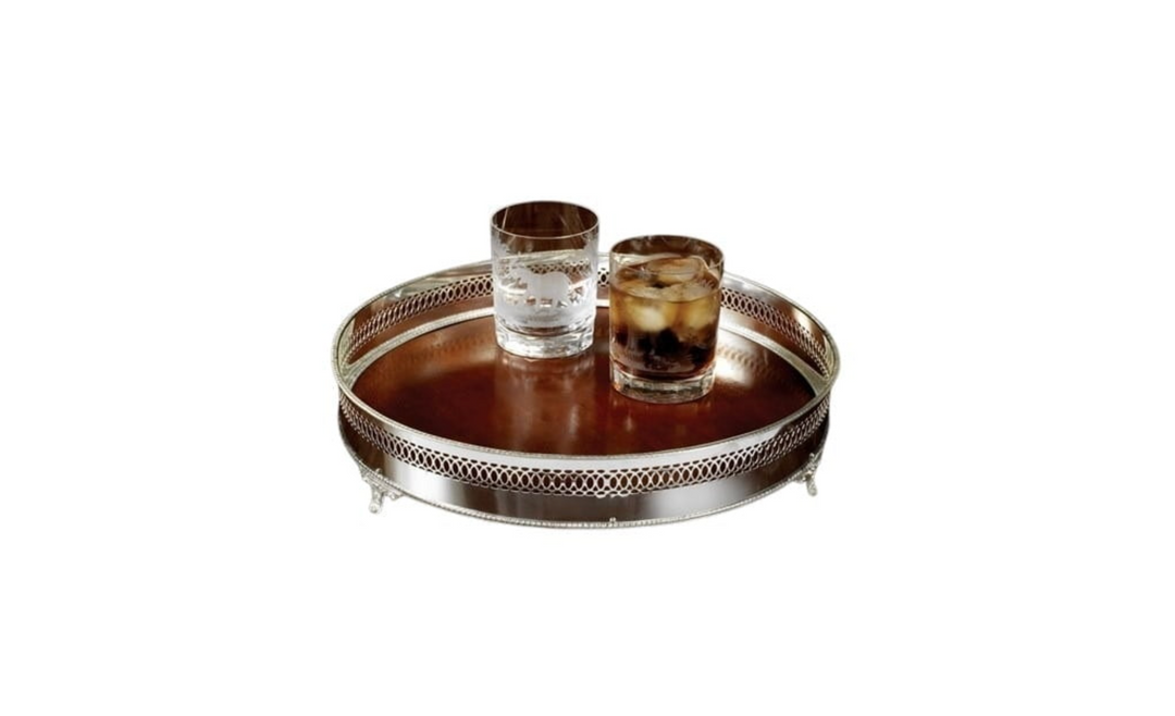 TRAY GALLERY FOOTED WOOD/SILVER