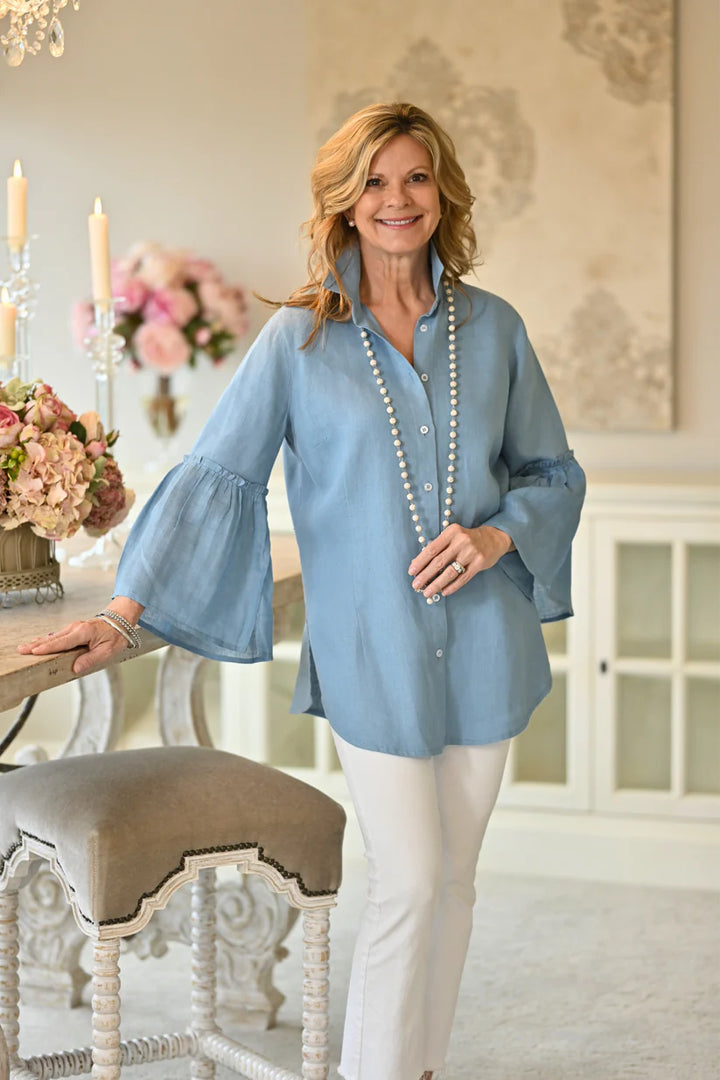 BLOUSE RUFFLE SLEEVE LINEN ADRIATIC BLUE