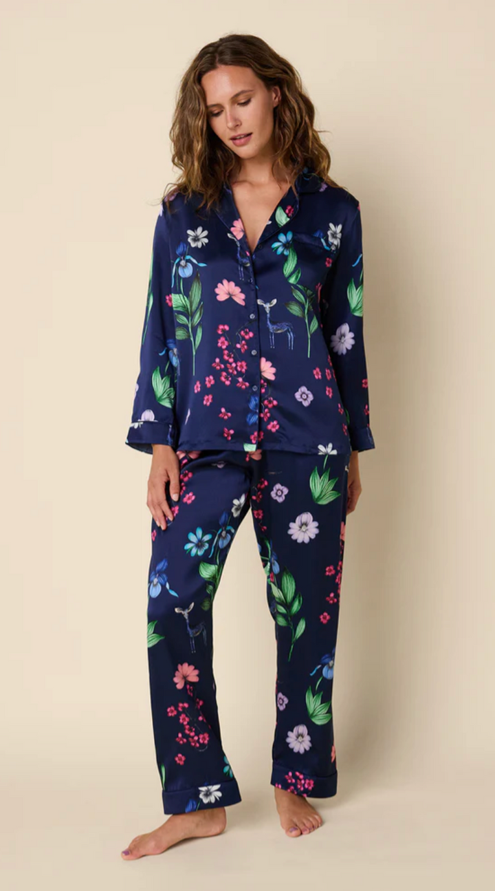 PAJAMA SET LONG DEERLY BLUE FLORAL SILK