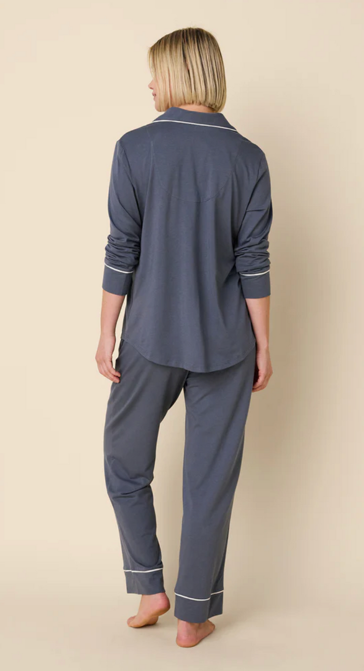 PAJAMA SET LONG SLEEVED CLASSIC PIMA STEEL BLUE/IVORY