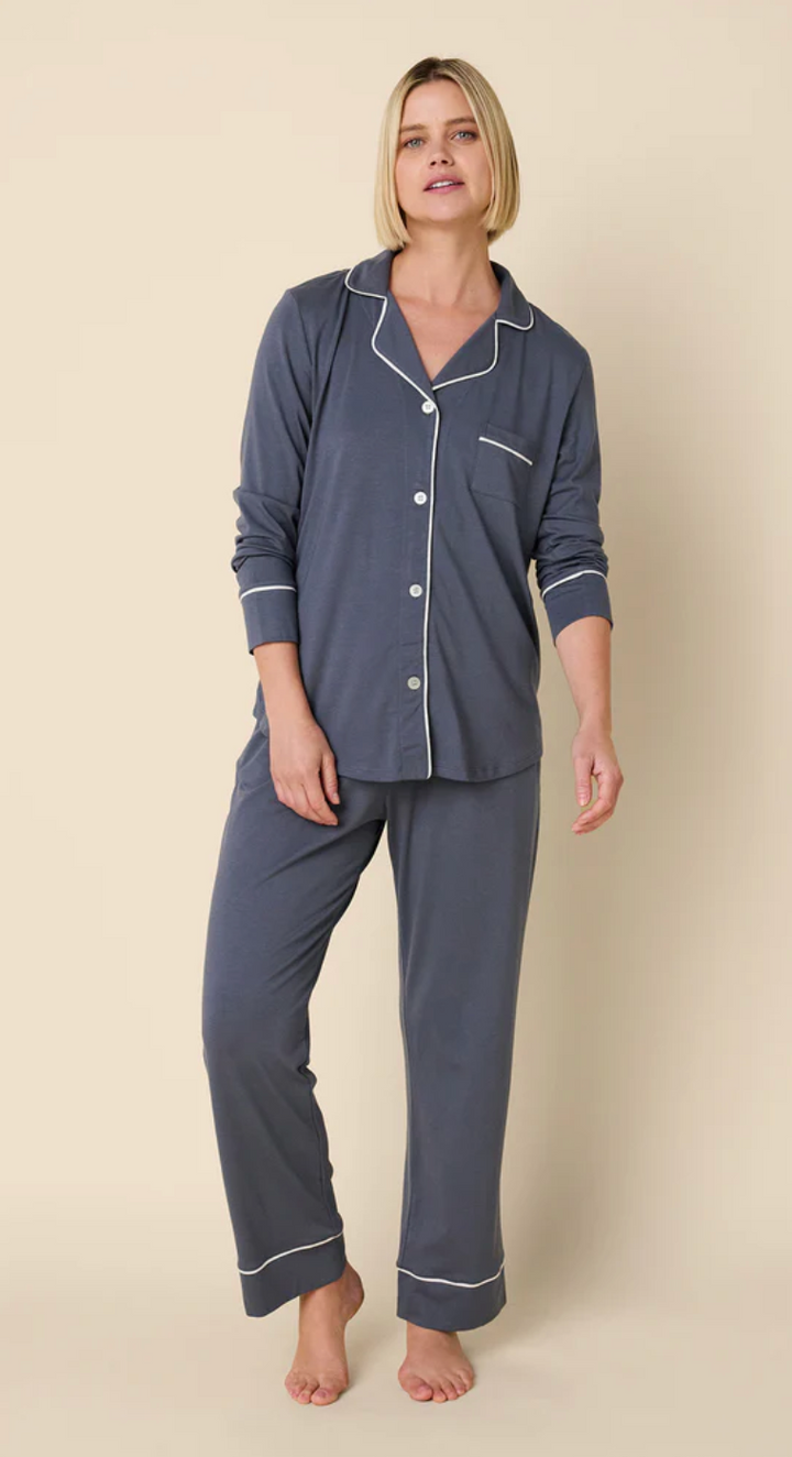 PAJAMA SET LONG SLEEVED CLASSIC PIMA STEEL BLUE/IVORY