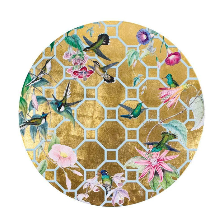 PLACEMAT HUMMINGBIRD TRELLIS GOLD ROUND #78944