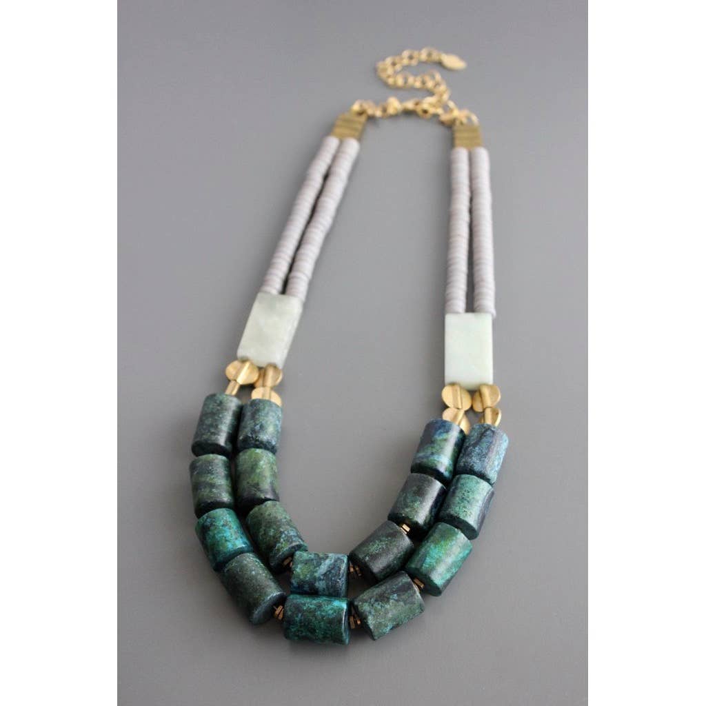 NECKLACE DOUBLE STRAND GREEN & GRAY STONE