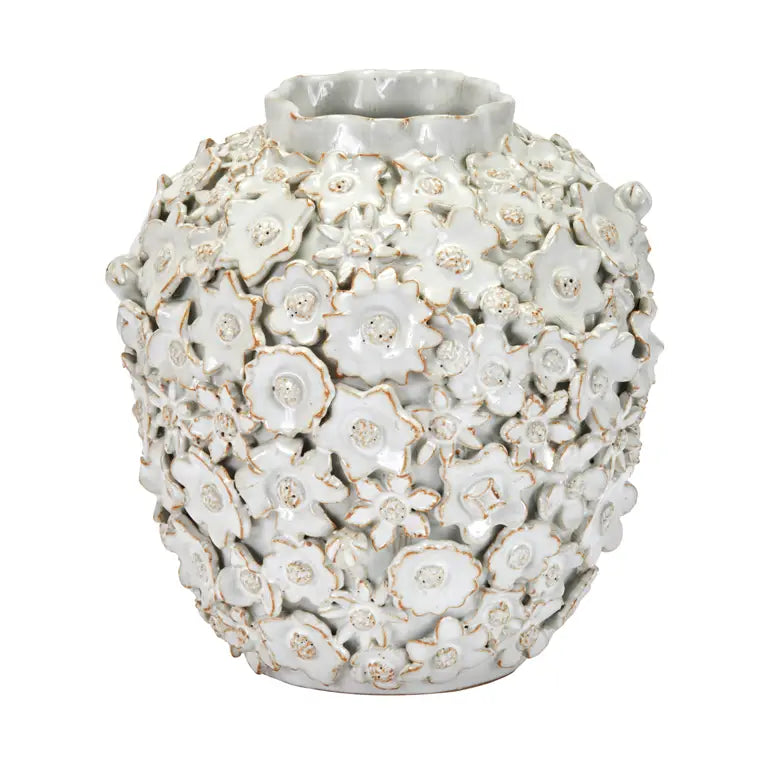 SM VASE WHITE CERAMIC FLORAL 8H