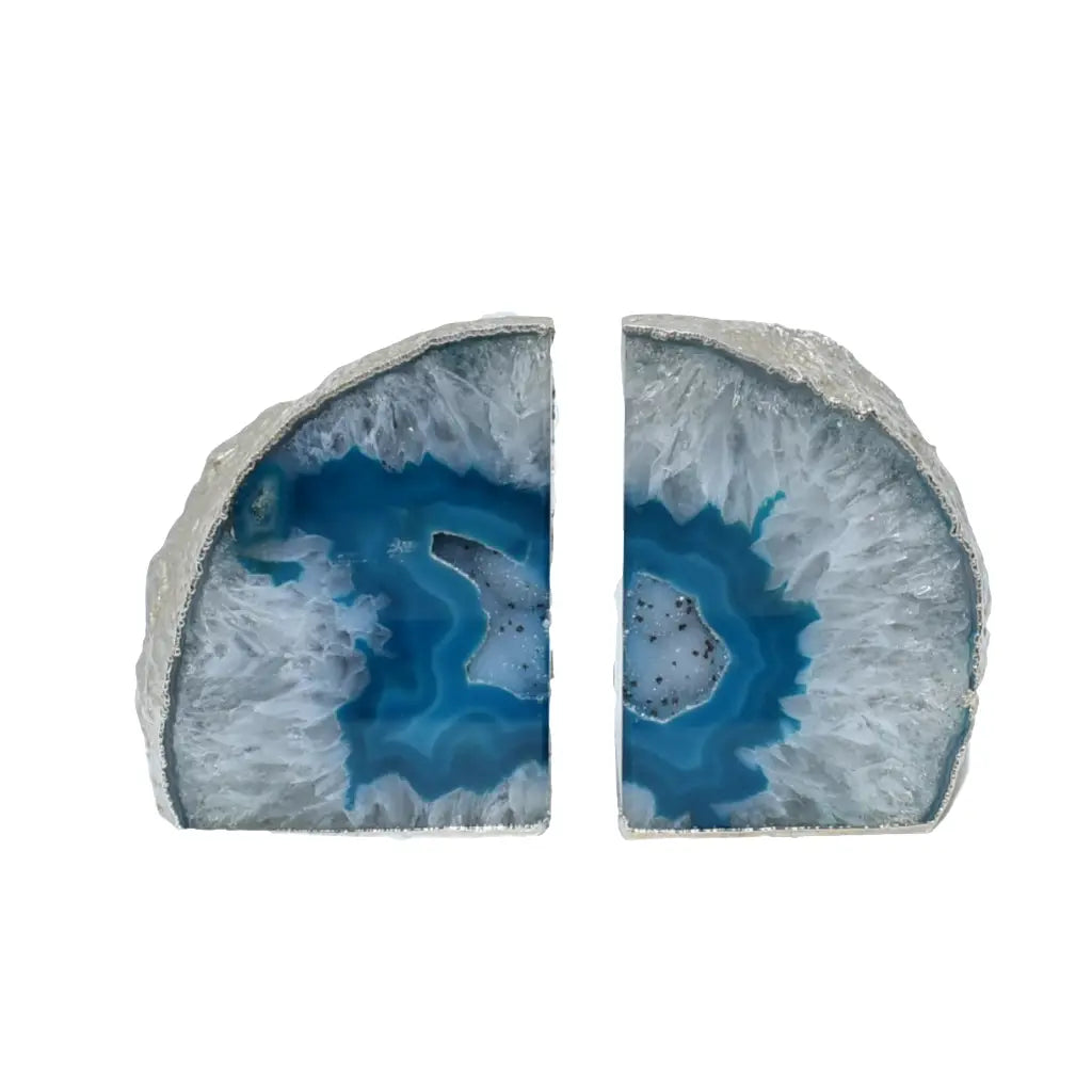 S/2 BOOKENDS BLUE AGATE W/ SILVER TRIM