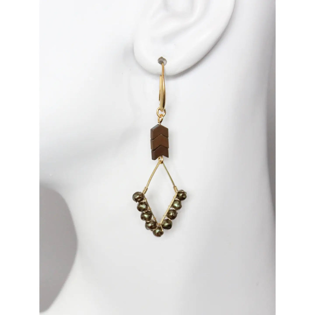 EARRINGS GEOMETRIC GLASS PEARL AND HEMATITE