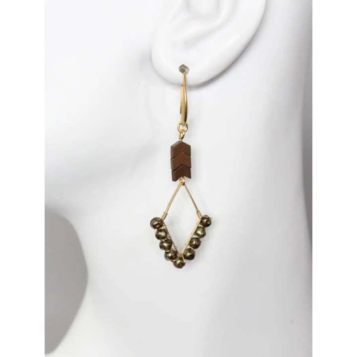 EARRINGS GEOMETRIC GLASS PEARL AND HEMATITE