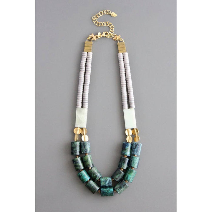 NECKLACE DOUBLE STRAND GREEN & GRAY STONE